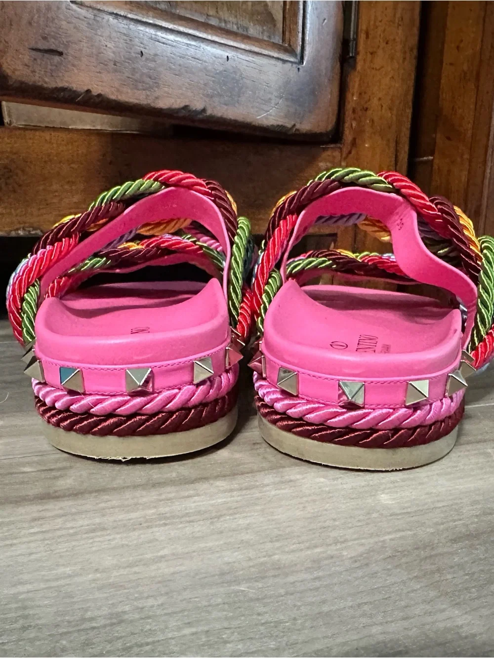 Valentino Pink Slide Sandals with Multicolor Braided Rope Straps